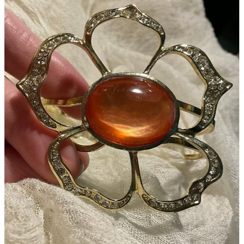 Large Floral Bracelet with Peach Moonglow Center and Rhinestones